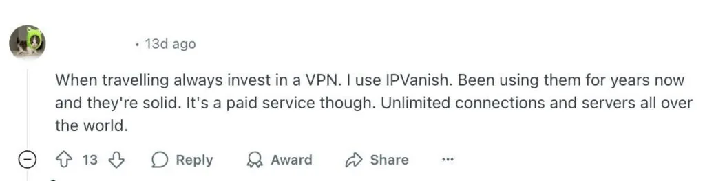 Reddit user review on IPVanish