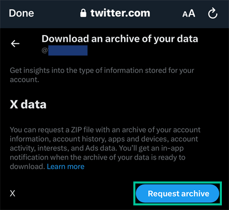 Twitter/X page for requesting an archive of your data.