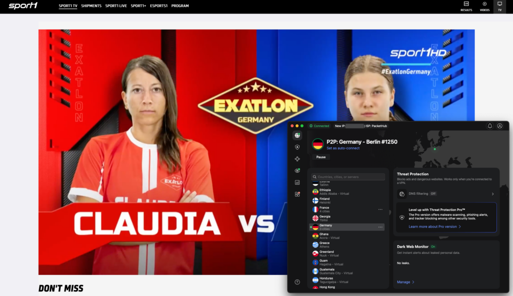SPORT1 unblocked with NordVPN
