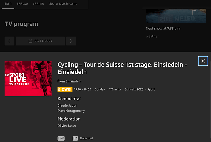 Screenshot of SRF TV website showing Tour de Suisse