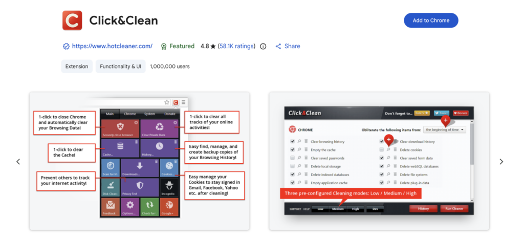 Screenshot of ClickAndClean extension website with logo