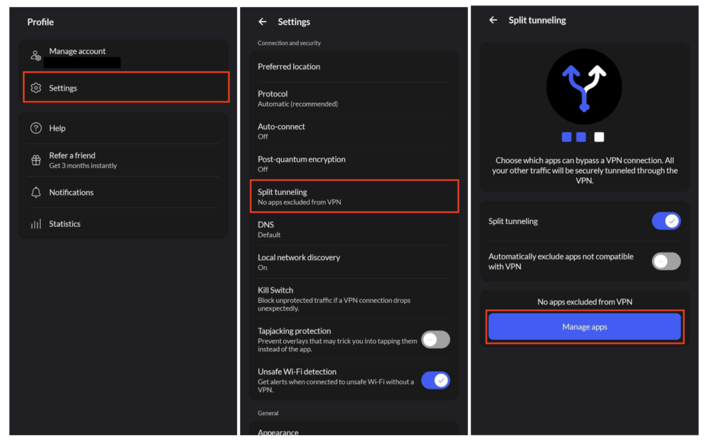 NordVPN split tunneling settings