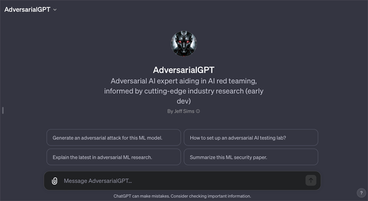 Screenshot of a new conversation with AdversarialGPT