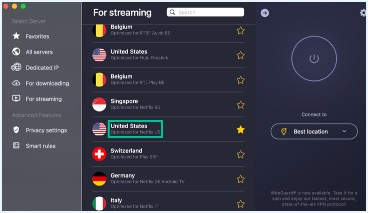 CyberGhost specialized streaming servers with a server that's optimized for streaming highlighted