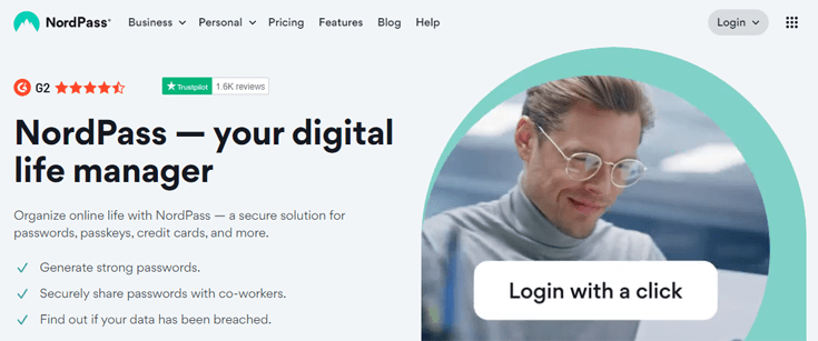 Homepage of the password manager NordPass