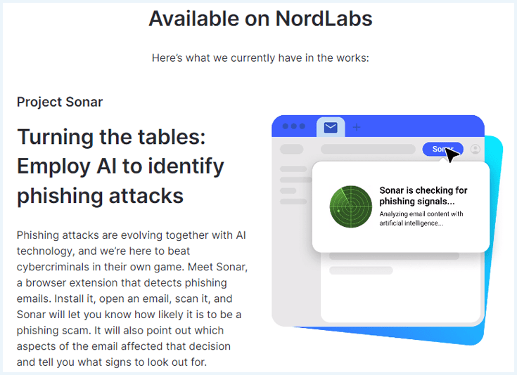 NordVPN website showing NordLabs' Sonar function