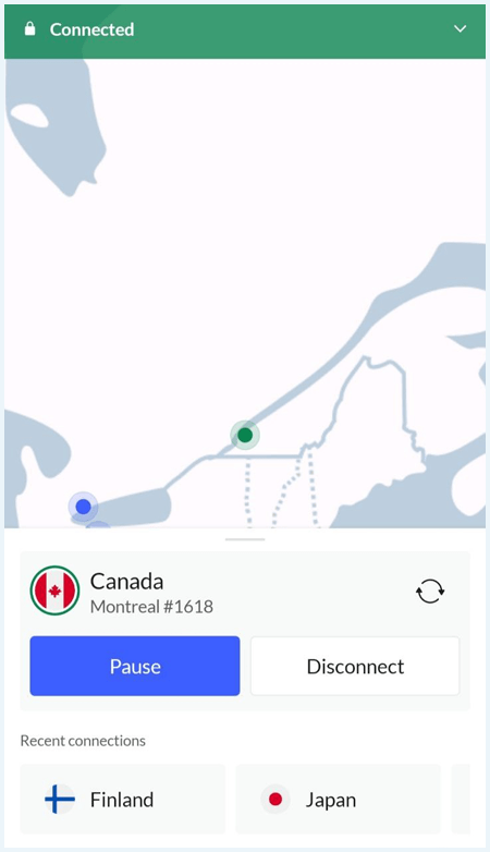 Screenshot NordVPN app connected to a server in Canada