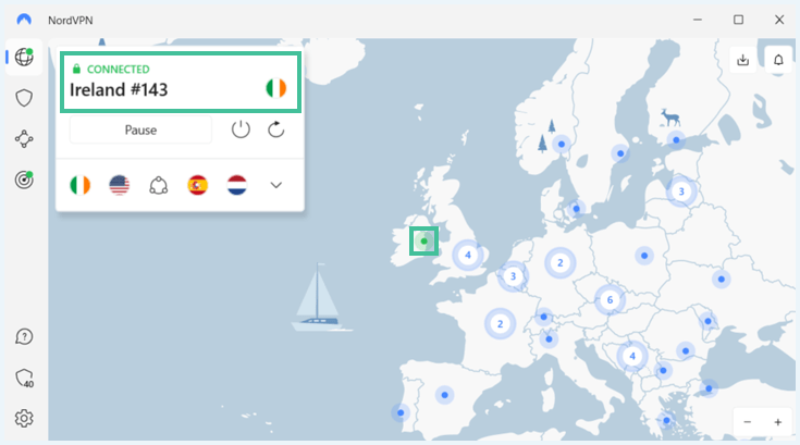 NordVPN app connected to an Irish server with highlights