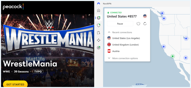 Screenshot of WrestleMania XL unblocked on Peacock while connected to a NordVPN US server.