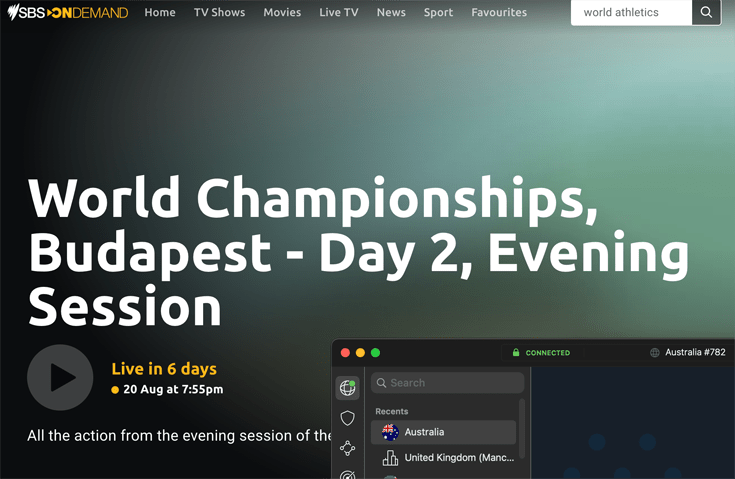 NordVPN connected to a VPN server in Australia with the SBS On Demand website working in the background