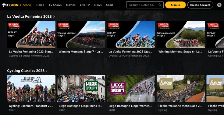 SBS OnDemand site showing their Vuelta a España streams
