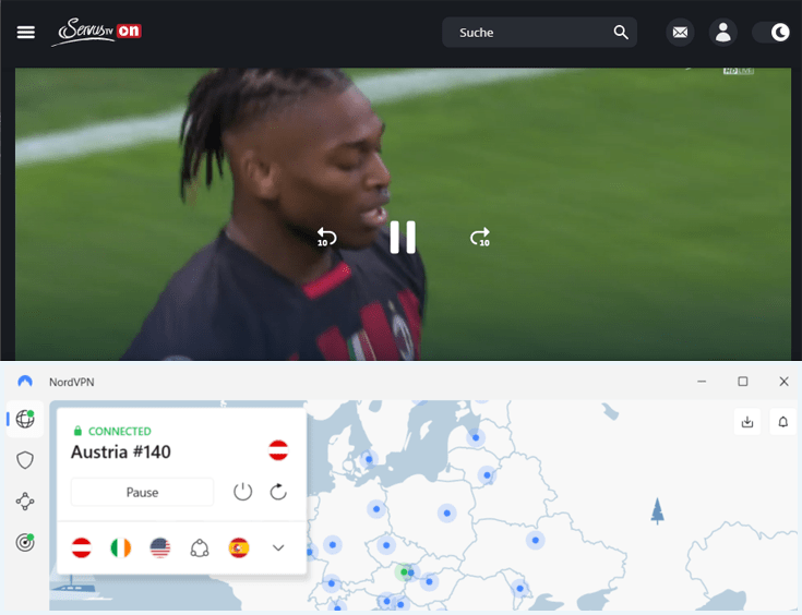 ServusTV website showing a Champions League stream next to the NordVPN server connected to an Austrian server