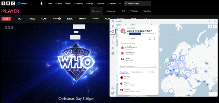 Doctor Who Christmas Special 2024 streaming in the background with NordVPN running in the foreground