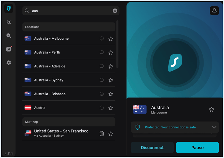 Surfshark connected to a server in Australia
