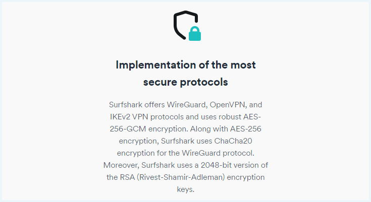 Screenshot mit Infos zu Verschlüsselung auf der Website von Surfshark 