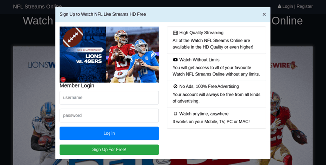 An unofficial Super Bowl LVIII streaming site showing a member login form