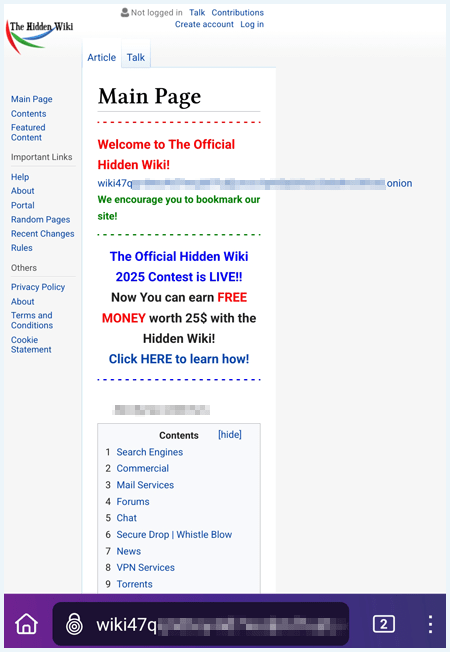Homepage of the hidden wiki, a popular dark web page