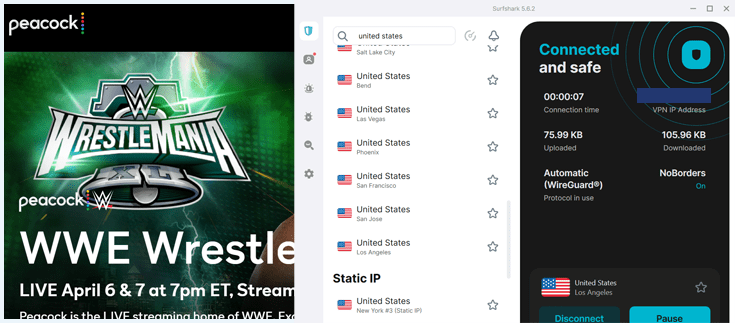 Screenshot of Surfshark connected to a US server while unblocking WWE WrestleMania.