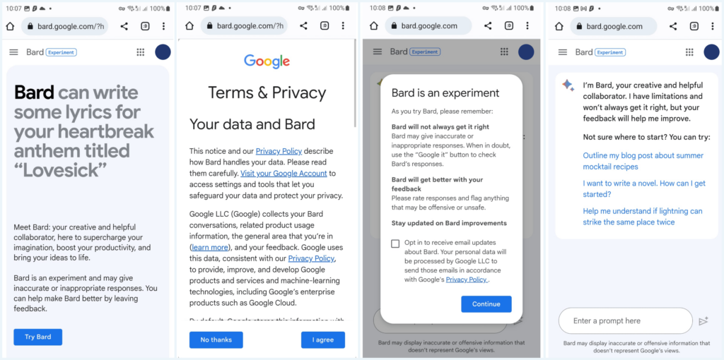 4 pages of Google Bard next to each other: homepage, terms and privacy, get started and chat prompt