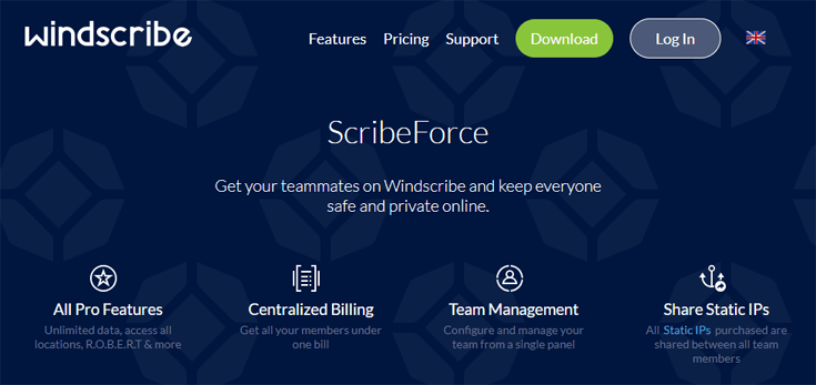 Screenshot of the Windscribe homepage.