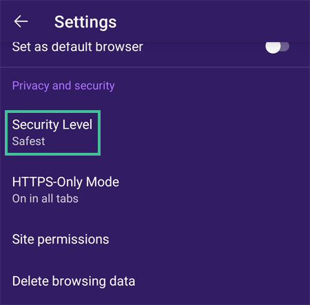 To browser settings with security level highlighted