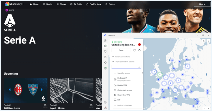 Screenshot of the homepage of Discovery+ showing the Serie A with a screenshot of NordVPN connected to the United Kingdom