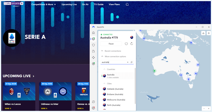 Screenshot of the homepage of beIN SPORTS showing the Serie A with a screenshot of NordVPN connected to Australia