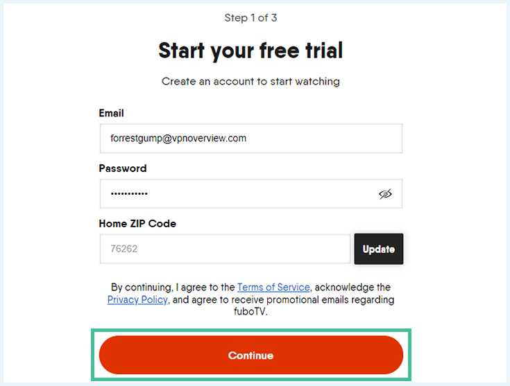Sing Up to Fubo page, with tabs for Email, Password, and ZIP code.