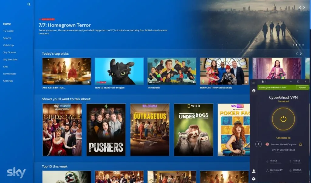 Access to Sky Go was successful using CyberGhost VPN’s UK server