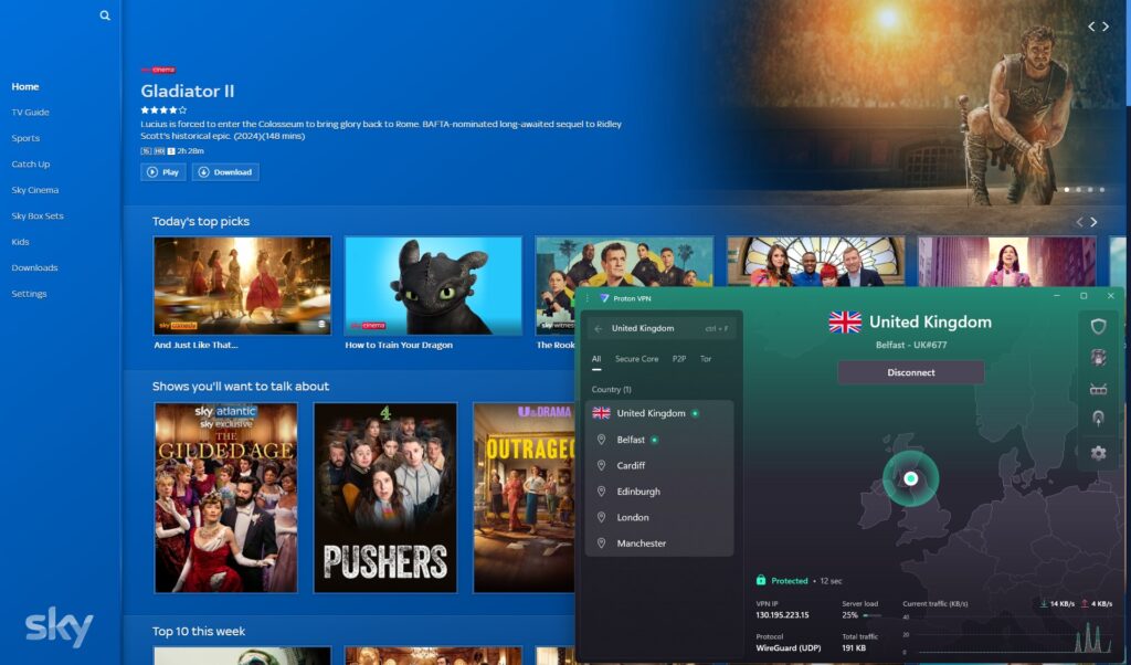 Proton VPN unblocked Sky Go with its UK server during our tests
