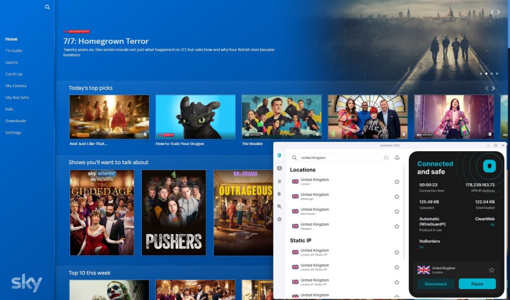 Surfshark successfully unblocked Sky Go using a UK server