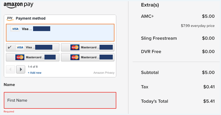 Screenshot of Sling TV checkout process with Amazon Pay from anywhere in the world