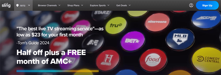 Screenshot of the Sling TV homepage