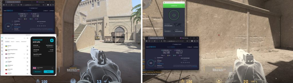 Speed test results while gaming with Surfshark and PIA