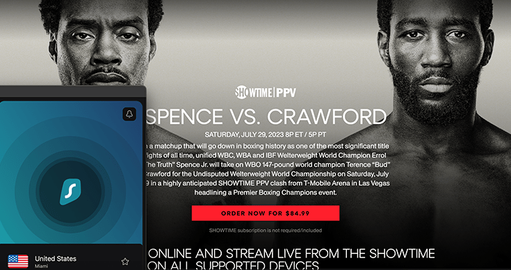 Showtime PPV, Spence vs. Crawford web page with Surfshark VPN connected
