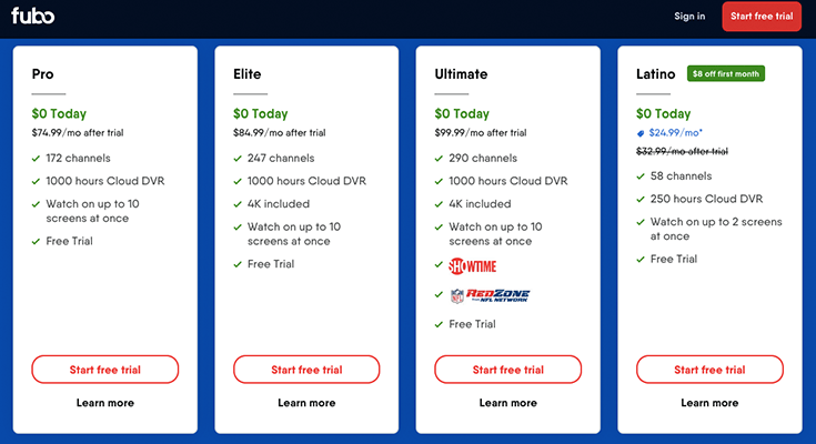 Screenshot showing Fubo TV's plans and pricing with free trial options