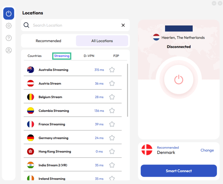 Screenshot of the streaming servers of FastestVPN, 'Streaming' highlighted