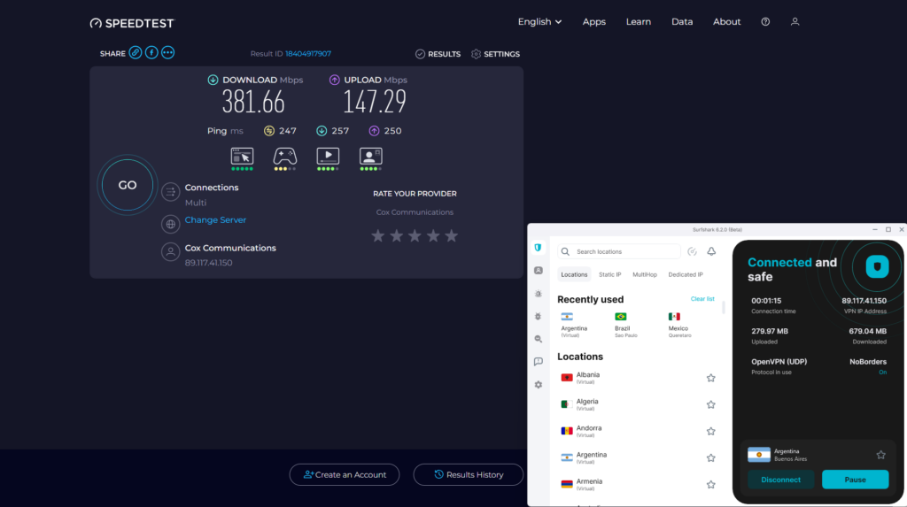 Surfshark speed test with Argentina server. Baseline speeds - 3ms, 466.29 Mbps download, 582.28 Mbps upload