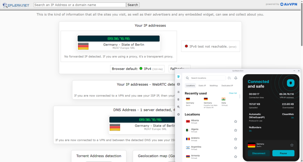 Surfshark's DNS leak results