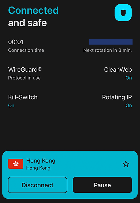 Screenshot of Surfshark connecting to a server in Hong Kong on the iOS app
