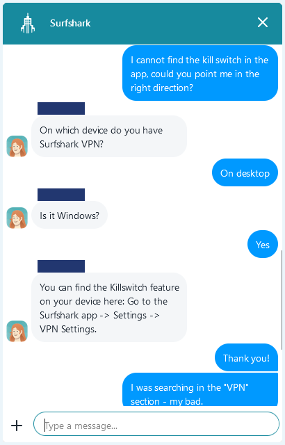 A screenshot of the Surfshark VPN support chat, with a conversation in which the Surfshark agent instructs a customer on where to find the kill switch feature in their Windows app
