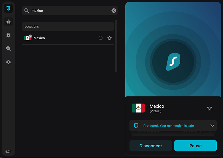 Screenshot of Surfshark VPN, Mexico server search results