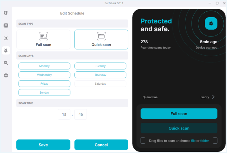 Main menu of Surfshark antivirus in the Windows app