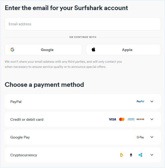 Registrating for Surfshark One by entering an email and choosing a payment method