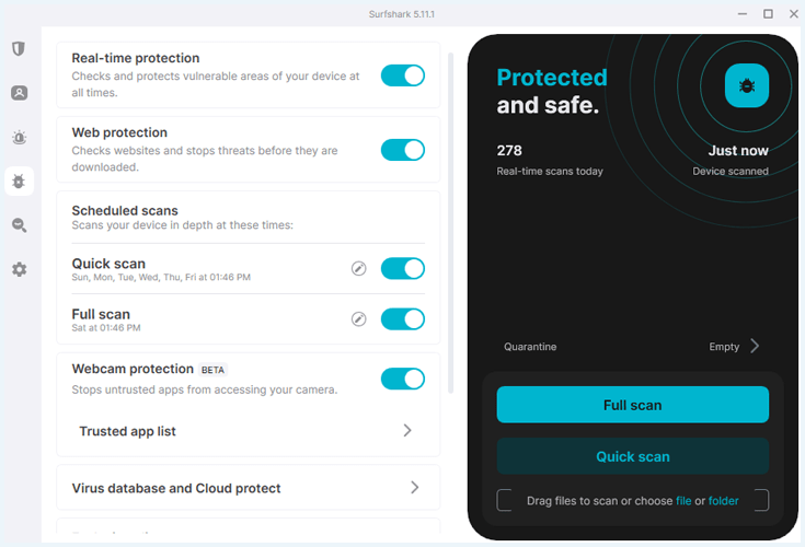 Main menu of Surfshark antivirus in the Windows app