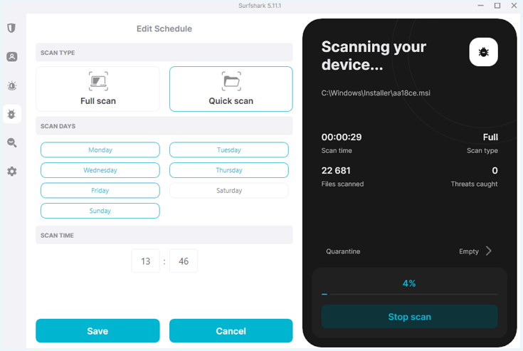 Scanning a device with Surfshark antivirus in the Windows app