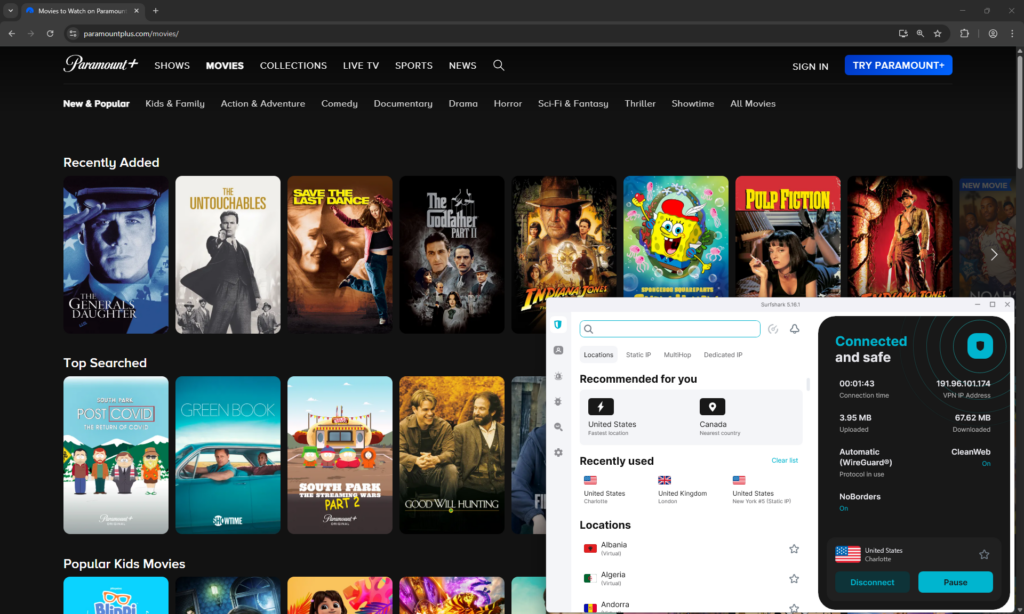 Paramount Plus unblocked using Surfshark