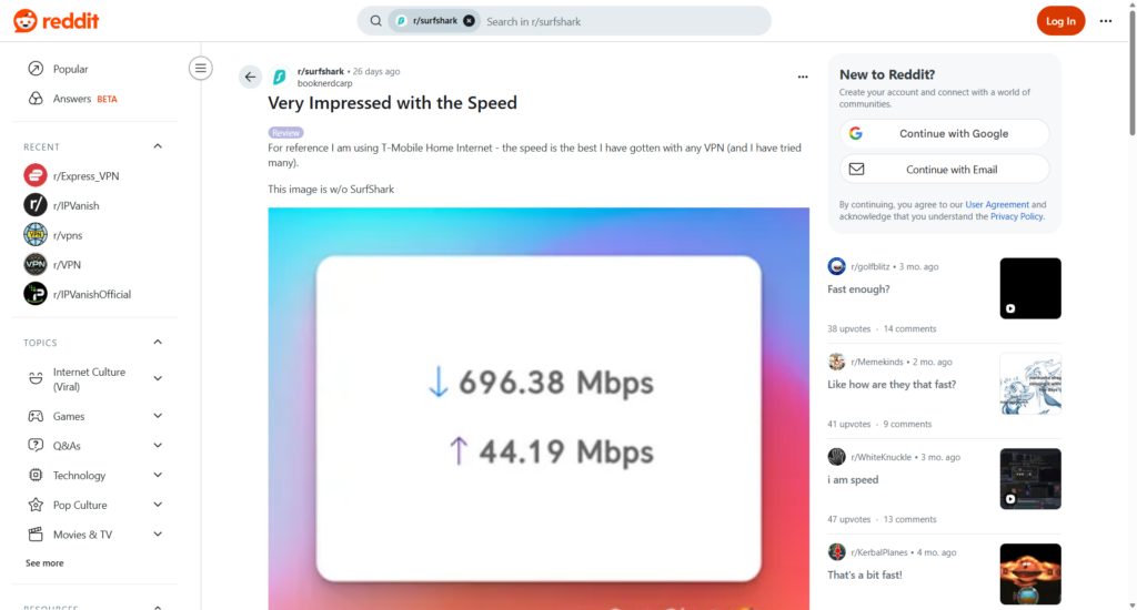 Redditor impressed with Surfshark speed