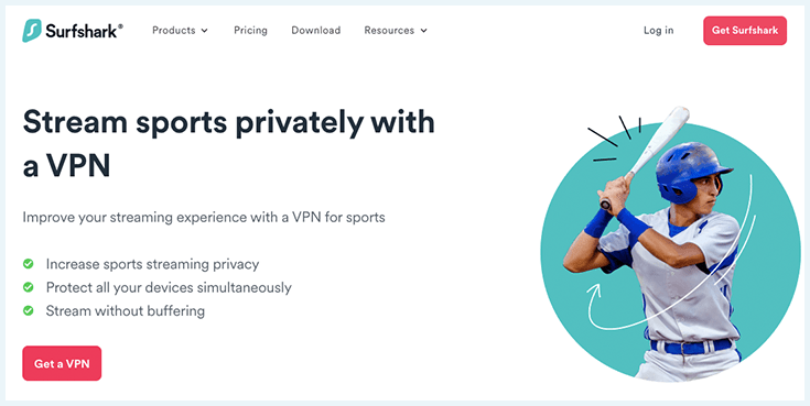 Surfshark's sports streaming landing page