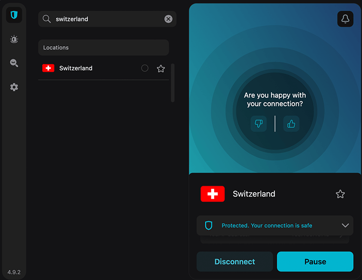 Screenshot of Surfshark app connected to a server in Switzerland